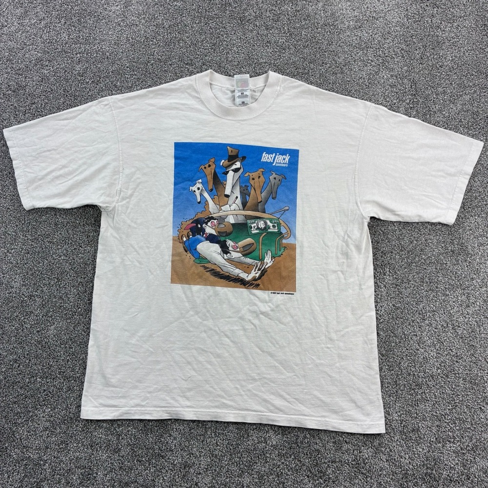 Vintage Fast Jack Speedware Shirt Mens XL White Dog Human Racing Parody Cartoon